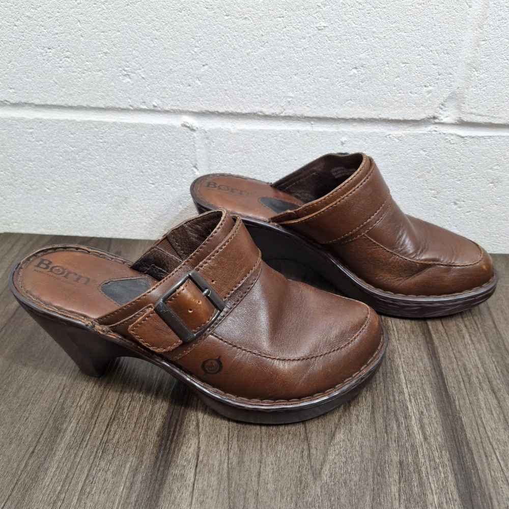 Born Women's Size 7M Brown Leather Wedge Clogs Buckle Slip On Mules W61738 38EU - Picture 2 of 8